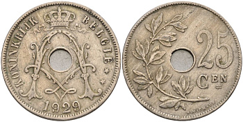 Бельгия 25 сантимов 1929 Belgie KM 69 медно-никель 4126-145