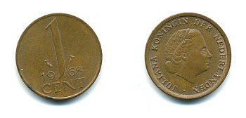НИДЕРЛАНДЫ 1 ЦЕНТ 1968 ЮЛИАНА KM 180 бронза 53-111