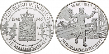 Нидерланды медаль ND Голландия в войне 1940-1945, 15 мая 1940 капитуляция Нидерландов, 31,3 гр, 45,0 мм  серебро  PROOF  11-241-23