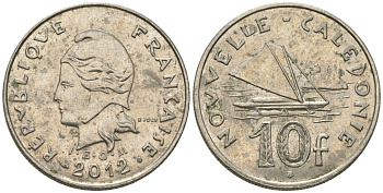 Французская Новая Каледония 10 франков 2012 рыбачья парусная лодка, (IEOM) KM 11a, Schoen 13a, Lec 99k медно-никель 65-214