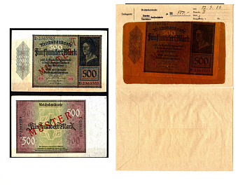 Германия 500 марок 1922 27 марта, MUSTER, образец, Specimen. В оригинальном банковском конверте. Из коллекции Отто Сейфферта (помощник Ялмара Шахта - министра экономики Германии и президента Рейхсбанка времен третьего рейха) Pick 73 s, Grabowski DEU 80 бу