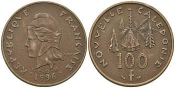 Французская Новая Каледония 100 франков 1996 хижина среди сосен и пальм, (IEOM) KM 15, Schoen 16, Lec 139 никель бронза 88-1142
