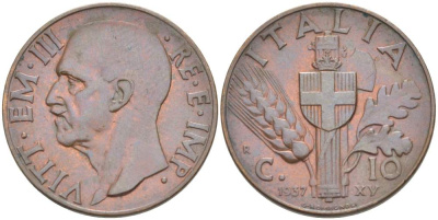 ИТАЛИЯ 10 ЧЕНТЕЗИМО 1937 R, ГОД XV, МОНДВОР РИМ, ВИКТОР ЭММАНУИЛ III (1900-1946) KM 74 медь 4525-211