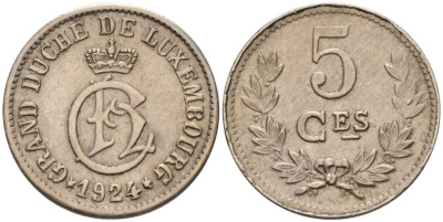 ЛЮКСЕМБУРГ 5 САНТИМОВ 1924 ШАРЛОТТА (1919-1964) KM 33 медно-никель 4516-536
