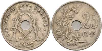 Бельгия 25 сантимов 1929 Belgie KM 69 медно-никель 4126-145