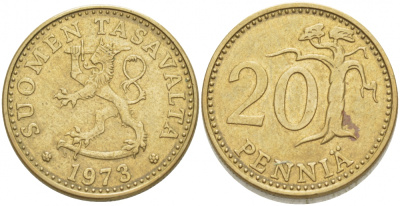 ФИНЛЯНДИЯ 20 ПЕННИ 1973 S KM 47 алюминиевая бронза 3718-1237