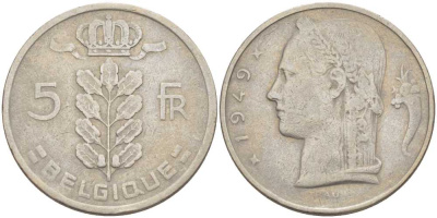 Бельгия 5 франков 1949 Леопольд III (1934-1950), Belgique KM 134.1 медно-никель 213-546