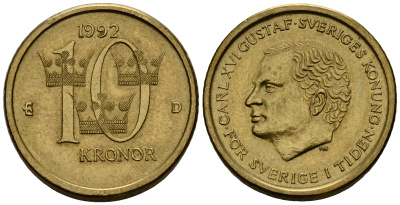 Швеция 10 крон 1992 Карл XVI Густав (1973- ) KM 877 нордик 4176-513