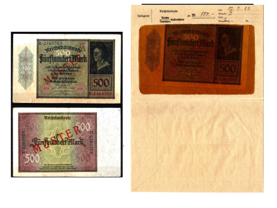Германия 500 марок 1922 27 марта, MUSTER, образец, Specimen. В оригинальном банковском конверте. Из коллекции Отто Сейфферта (помощник Ялмара Шахта - министра экономики Германии и президента Рейхсбанка времен третьего рейха) Pick 73 s, Grabowski DEU 80 бу