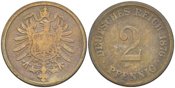 ГЕРМАНИЯ 2 ПФЕННИГА 1876 H, СТАРОГЕРБОВКА KM 2, J. 2, Weege 3 медь 212-642