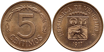 Венесуэла 5 сентимо 1977 KM 49 сталь плакированная медью 4392-942