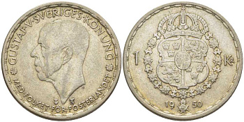 Швеция 1 крона 1950 TS, Густав VI Адольф (1950-1973) KM 814 серебро 119-1123