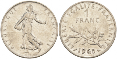 Франция 1 франк 1965 сеятель KM 925.1, Le Franc 226.9 никель 68-111