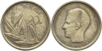 БЕЛЬГИЯ 20 ФРАНКОВ 1980 BELGIE, БОДУЭН I (1951-1993) KM 160 никель бронза 91-234