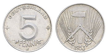 ГДР 5 пфеннигов 1953 E KM 6 алюминий 4647-941