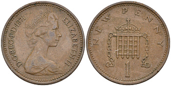 Великобритания 1 пенни 1971 Елизавета II (1952-2022) KM 915, Spink 4237 (B1) бронза 4588-536