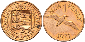 Гернси 1 пенни 1971 Елизавета II (1952-2022), северная олуша в полете KM 21 бронза 4152-1266