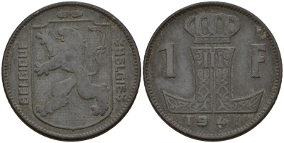 Бельгия 1 франк 1941 Belgique - Belgie, Леопольд III (1934-1947), германская оккупация, Вторая мировая война KM 127 цинк 4161-356