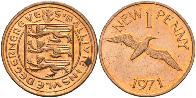 Гернси 1 пенни 1971 Елизавета II (1952-2022), северная олуша в полете KM 21 бронза 4152-1266