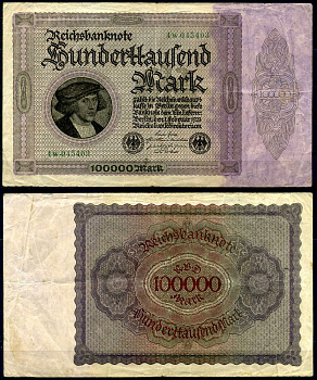 Германия 100000 марок 1923 1 февраля 1923, серия w, номер 6-значный Pick 83, Розенберг 82d бумага 8607-17-1-2