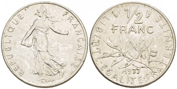 ФРАНЦИЯ 1/2 ФРАНКА 1977 СЕЯТЕЛЬ KM 931.1, LE FRANC 198.16 никель 4528-312