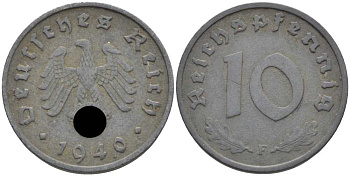 ГЕРМАНИЯ 10 РЕЙХСПФЕННИГОВ 1940 F KM 101, J. 371 цинк 4401-856