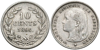 Нидерланды 10 центов 1896 Вильгельмина I (1890-1948) KM 116 серебро VF 4549-1035