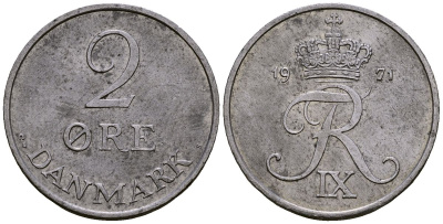 Дания 2 эре 1971 C; S, Фредерик IX (1947-1972) KM 840.2 цинк 4176-535