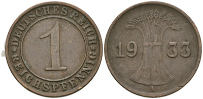 Германия 1 рейхспфенниг 1933 A KM 37, J. 313 бронза 4189-1167
