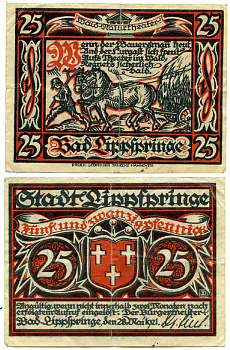 Германия, Бад-Липшпринге 25 пфеннигов 1917 нотгельд, 28 мая 1921, Северный Рейн-Вестфалия Grabowski 805.1  бумага   435-40-2-2