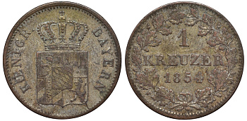 Бавария 1 крейцер 1854 Максимилиан II (1848-1864) KM 452 серебро 75-918