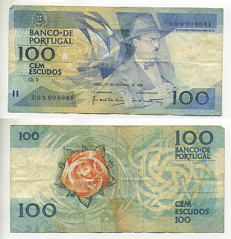 ПОРТУГАЛИЯ 100 ЭСКУДО 1988 24 НОЯБРЯ 1988, ФЕРНАНДО ПЕССОА ПОРТУГАЛЬСКИЙ ПОЭТ Pick 179f бумага 7552-58-4