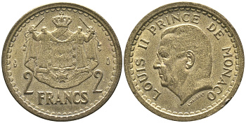 Монако 2 франка 1945 Луи II (1922-1949) KM 121а алюминиевая бронза 4395-742