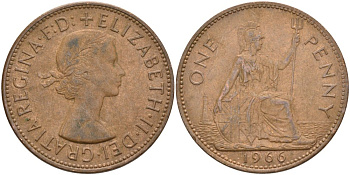 Великобритания 1 пенни 1966 Елизавета II (1952-2022) KM 897, Spink 4157 бронза 4574-243