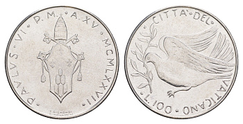 Ватикан 100 лир 1972 MCMLXXII, Павел VI KM 122 нержавеющая сталь UNC 4648-146