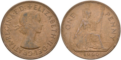 Великобритания 1 пенни 1966 Елизавета II (1952-2022) KM 897, Spink 4157 бронза 4574-243
