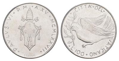 Ватикан 100 лир 1972 MCMLXXII, Павел VI KM 122 нержавеющая сталь UNC 4648-146