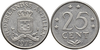 Нидерландские Антилы 25 центов 1975 Юлиана (1948-1980) KM 11 никель 4164-454