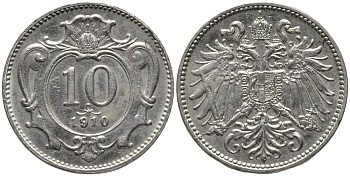 АВСТРИЯ 10 ГЕЛЛЕРОВ 1910 ФРАНЦ ИОСИФ (1848-1916) KM 2802 никель 116-834