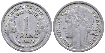 ФРАНЦИЯ 1 ФРАНК 1947 В KM 885а.2 алюминий 51-444