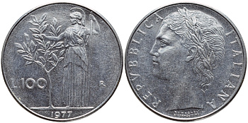 ИТАЛИЯ 100 ЛИР 1977 R , АФИНА KM 96.1 нержавеющая сталь 4394-1232