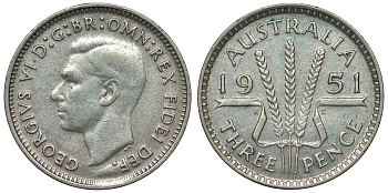 Австралия 3 пенса 1951 m, Георг VI (1937-1952), без букв KM 44 серебро 71-345