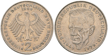 ФРГ 2 марки 1989 J, Курт Шумахер, 30 лет Федеративной Республике KM 149 медно-никель 4572-232