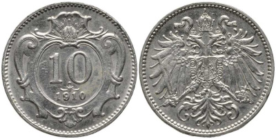 АВСТРИЯ 10 ГЕЛЛЕРОВ 1910 ФРАНЦ ИОСИФ (1848-1916) KM 2802 никель 116-834