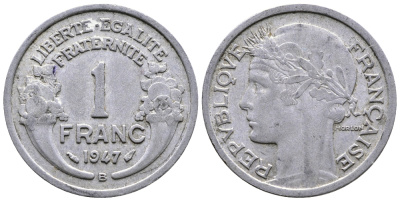 ФРАНЦИЯ 1 ФРАНК 1947 В KM 885а.2 алюминий 51-444