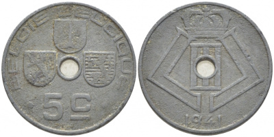 БЕЛЬГИЯ 5 САНТИМОВ 1941 BELGIE-BELGIQUE KM 124 цинк 112-247