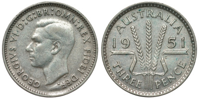 Австралия 3 пенса 1951 m, Георг VI (1937-1952), без букв KM 44 серебро 71-345