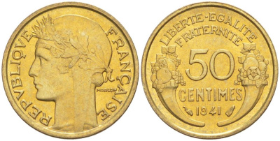 ФРАНЦИЯ 50 САНТИМОВ 1941 ТИП MORLON KM 894.1, LE FRANC 192.18 алюминиевая бронза 44-516