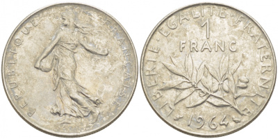 Франция 1 франк 1964 сеятель KM 925.1, Le Franc 226.8 никель 4402-1116