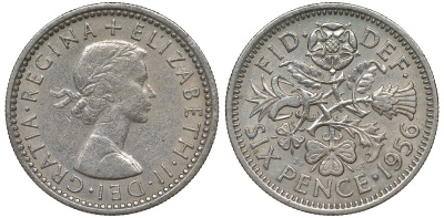 Великобритания 6 пенсов 1956 Елизавета II (1952-2022) KM 903, Spink 4149 медно-никель 4122-615
